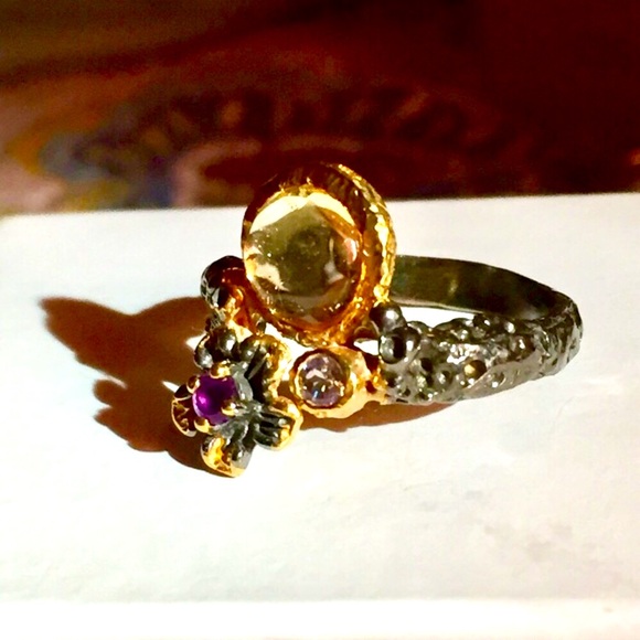 💜NATURAL CITRINE•AMETHYST➕TANZANITE•925K SS RING! - Picture 7 of 8